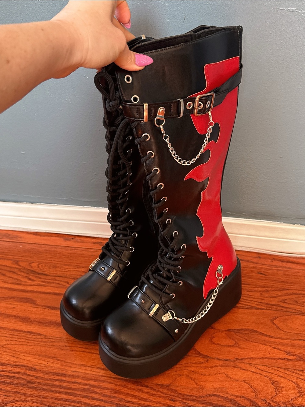 Black and Red Lace-Up Platform Knee-High Boots with Chain Detail